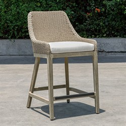 Amalfi Coastal Beach Grey Mahogany Wood Woven Wicker Outdoor Counter Stool|