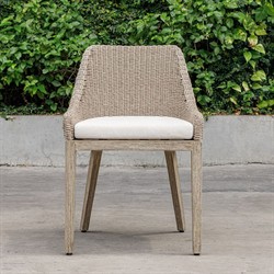 Amalfi Coastal Beach Grey Mahogany Wood Woven Wicker Outdoor Dining Chair|