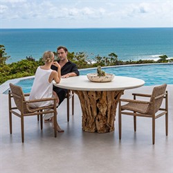Positano Coastal Beach White Concrete Natural Teak Root Outdoor Dining Table - 60"|