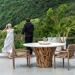 Positano Coastal Beach White Concrete Natural Teak Root Outdoor Dining Table - 60"|