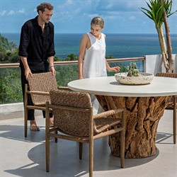Positano Coastal Beach White Concrete Natural Teak Root Outdoor Dining Table - 60"|