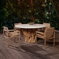 Positano Coastal Beach White Concrete Natural Teak Root Outdoor Dining Table - 60"|