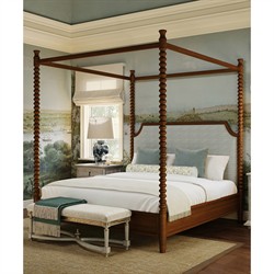 Theodora French Green Striped Performance Brown Wood Canopy Spindle Bed - Queen|