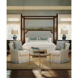 Theodora French Green Striped Performance Brown Wood Canopy Spindle Bed - Queen|