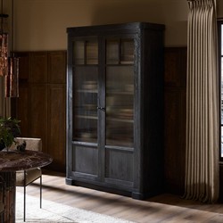 Leopold Rustic Lodge Black Wood Fluted Glass Cabinet|
