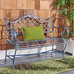 Anise French Country Antique Blue Iron Outdoor Garden Bench|