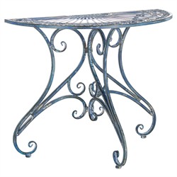 Alessia French Country Antique Blue Iron Demilune Outdoor Console Table|