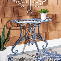 Alessia French Country Antique Blue Iron Demilune Outdoor Console Table|