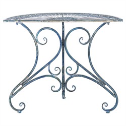 Alessia French Country Antique Blue Iron Demilune Outdoor Console Table|