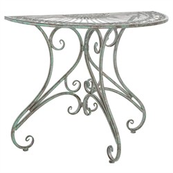 Alessia French Country Antique Green Iron Demilune Outdoor Console Table|