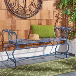 Althea French Country Antique Blue Iron Outdoor Garden Bench|