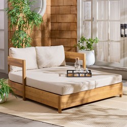 Kenzo Modern Classic Natural Acacia Wood Outdoor Double Chaise Lounge|