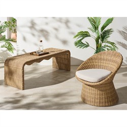 Emmie Coastal Beach Natural Faux Wicker Outdoor Dining Bench|