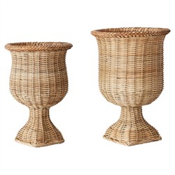 Violette Coastal Beach Natural Woven Rattan Urn Planter - Set of 2|