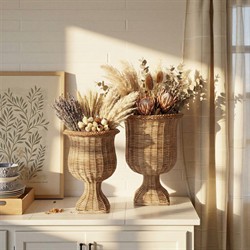 Violette Coastal Beach Natural Woven Rattan Urn Planter - Set of 2|