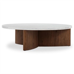 Teddie Rustic Lodge White Marble Brown Oak Wood Round Coffee Table|