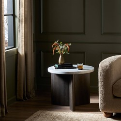 Teddie Rustic Lodge White Marble Black Oak Wood Round End Table|