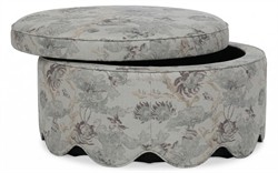 Suzie Misty Blue Linen Floral Round Storage Ottoman|