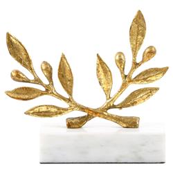 Olive Branch Gold Leaf Metal White Marble Base Sculpture|