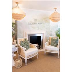 Hanna French Antique White Raffia Nailhead Trim Arm Chair|