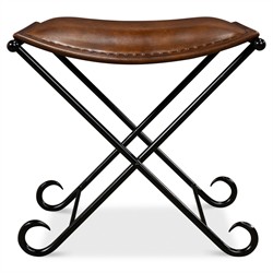 Ara French Country Brown Leather Black Iron Stool|