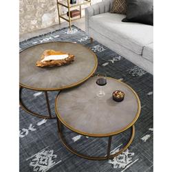 Ena Modern Regency Antique Brass Shagreen Round Nesting Round Coffee Table|