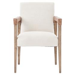 Jolie French Cream Upholstered Brown Oak Wood Leather Wrapped Dining Arm Chair|