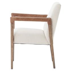 Jolie French Cream Upholstered Brown Oak Wood Leather Wrapped Dining Arm Chair|