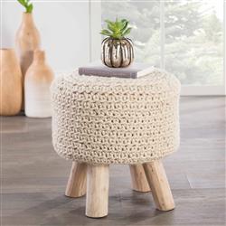 Westport Modern Round Beige Wool Upholstered Brown Wood Stool|
