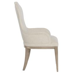 Sarabeth French Beige Upholstered Sandstone Brown Wood Rounded Dining Arm Chair|