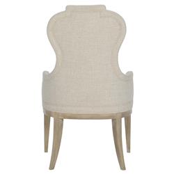 Sarabeth French Beige Upholstered Sandstone Brown Wood Rounded Dining Arm Chair|