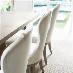 Sarabeth French Beige Upholstered Sandstone Brown Wood Rounded Dining Side Chair|