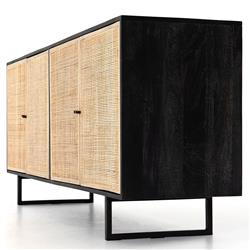Emilie Coastal Beach 4 Door Black Wash Mango Wood Cane Metal Legs Sideboard|