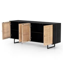 Emilie Coastal Beach 4 Door Black Wash Mango Wood Cane Metal Legs Sideboard|