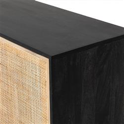 Emilie Coastal Beach 4 Door Black Wash Mango Wood Cane Metal Legs Sideboard|