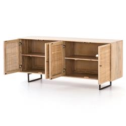 Emilie Coastal Beach 4 Door Natural Cane Mango Wood Metal Legs Sideboard|