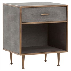 Ena Mid Century Grey Shagreen Wrapped Brass Accent Nightstand|