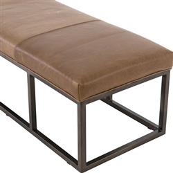 Zarro Modern Classic Brown Leather Cushion Gunmetal Iron Frame Bench|