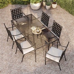 Aurore French Country Glass Top Black Metal Outdoor Dining Table - 84"W|