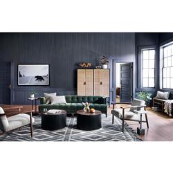 Primo Modern Polished Brass Accent Black Round Starburst Oak Round Coffee Table|