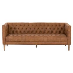 Walter Light Brown Upholstered Leather Natural Wood Tufted Sofa - Small - 75"W|