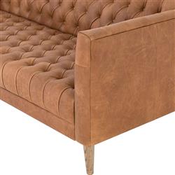 Walter Light Brown Upholstered Leather Natural Wood Tufted Sofa - Small - 75"W|