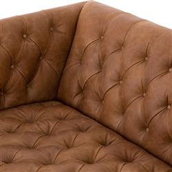 Walter Light Brown Upholstered Leather Natural Wood Tufted Sofa - Small - 75"W|