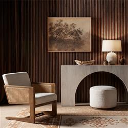 Leah Modern Classic Cream Performance Boucle Brown Wood Round Ottoman - 22"|