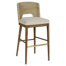 Adelyn Coastal Brown Teak Handwoven Seagrass Back Grey Performance Counter Stool|