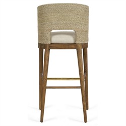Adelyn Coastal Brown Teak Handwoven Seagrass Back Grey Performance Counter Stool|