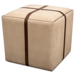 Stetson French Country Beige Upholstered Brown Leather Strap Nailhead Trim Stool|