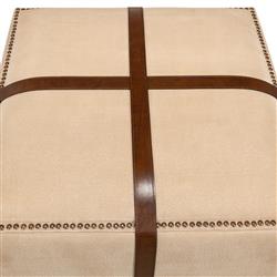 Stetson French Country Beige Upholstered Brown Leather Strap Nailhead Trim Stool|