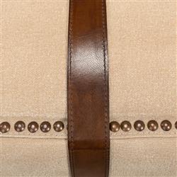 Stetson French Country Beige Upholstered Brown Leather Strap Nailhead Trim Stool|