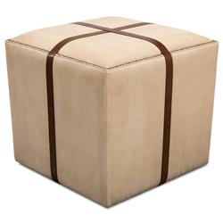 Stetson French Country Beige Upholstered Brown Leather Strap Nailhead Trim Stool|